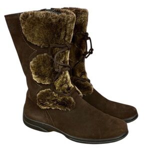 Ecco Brown Nubuck Suede Leather Fur-Trimmed Lace Detail Winter Boots Sz 9
